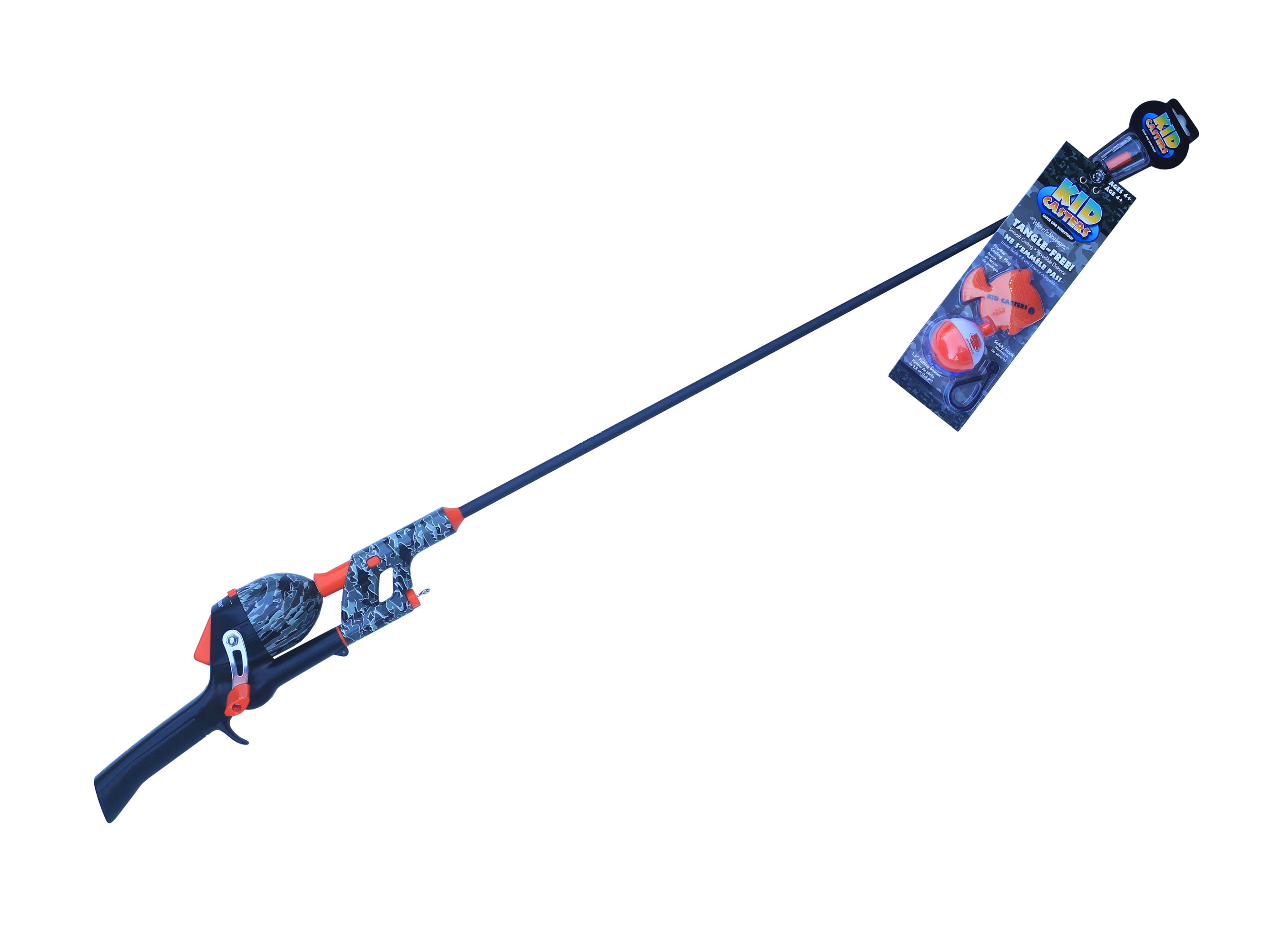 Kid Casters KCSNTBLACK Black/Orange Camo No Tangle fishing combo with
