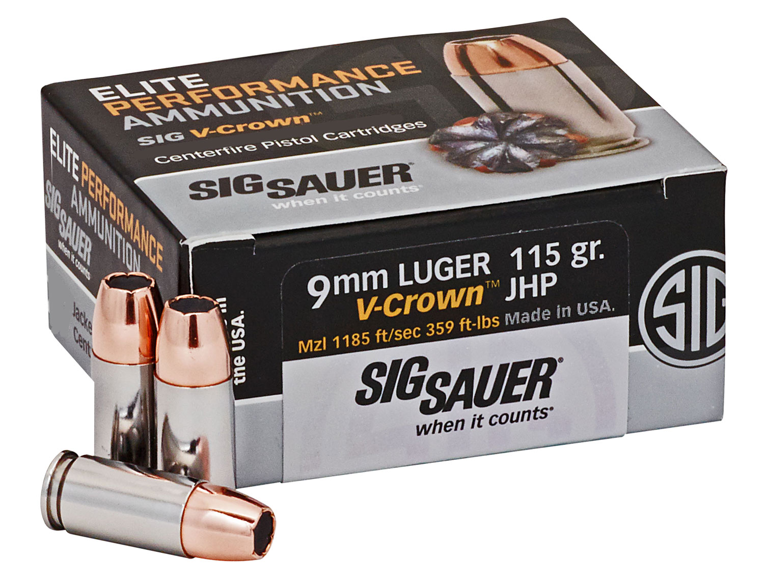 Sig Sauer E9MMA150 Elite V-Crown  9mm Luger 115 gr Jacketed Hollow Point (JHP) 50 Bx/ 20 Cs