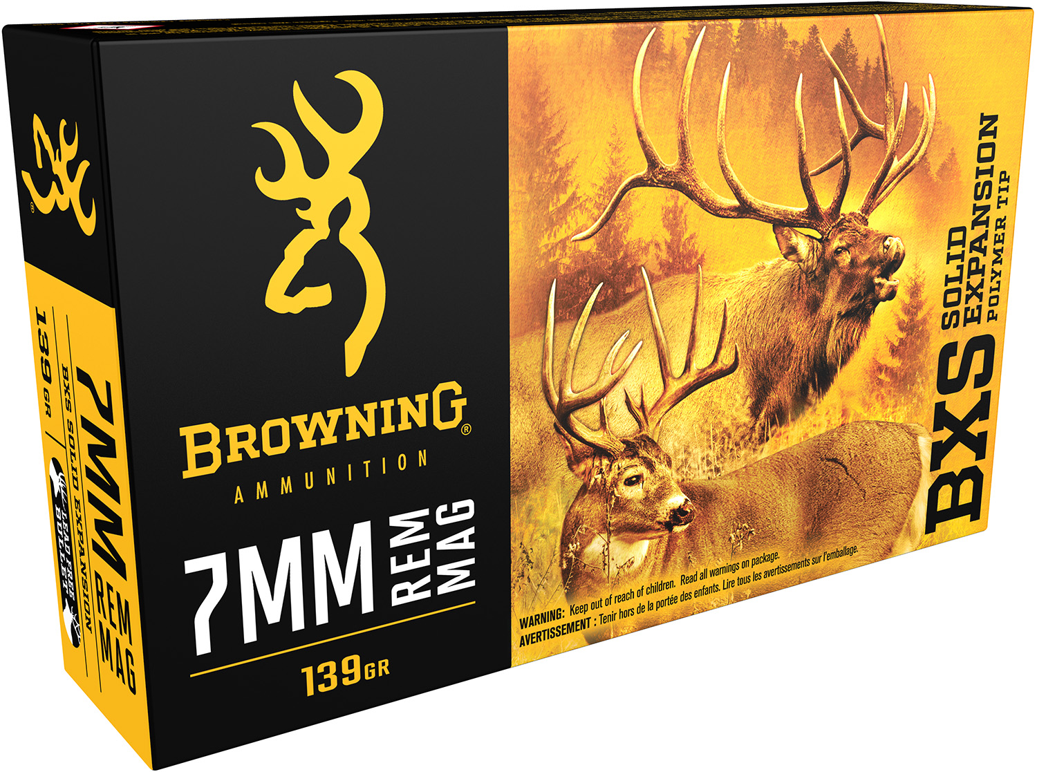 Browning Ammo B192400071 BXS Copper Expansion 7mm Rem Mag 139 gr, Lead Free Solid Expansion Polymer Tip, 20 Per Box/10 Cs