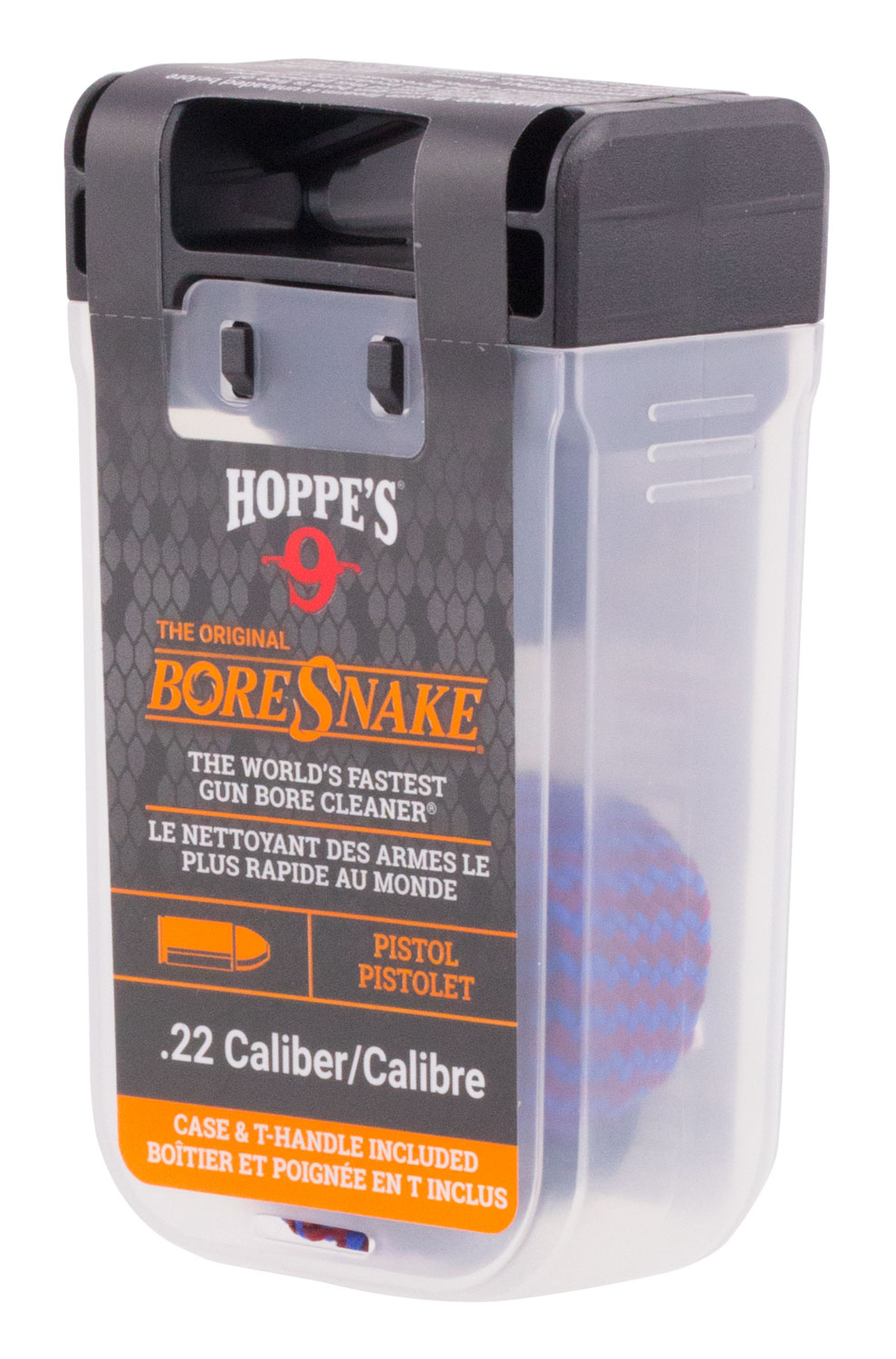 Hoppes 24000D BoreSnake Den with Bronze Bristles, Brass Weight, Pull Handle Lid & Large 160X Tail Surface Area for 22 Cal Pistols