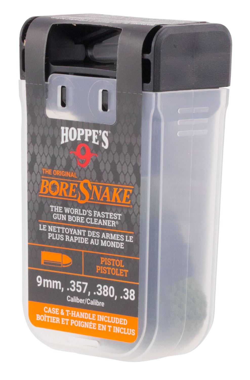 Hoppes 24002D BoreSnake Den with Bronze Bristles, Brass Weight, Pull Handle Lid & Large 160X Tail Surface Area for 9mm, 380, 357 & 38 Cal Pistols