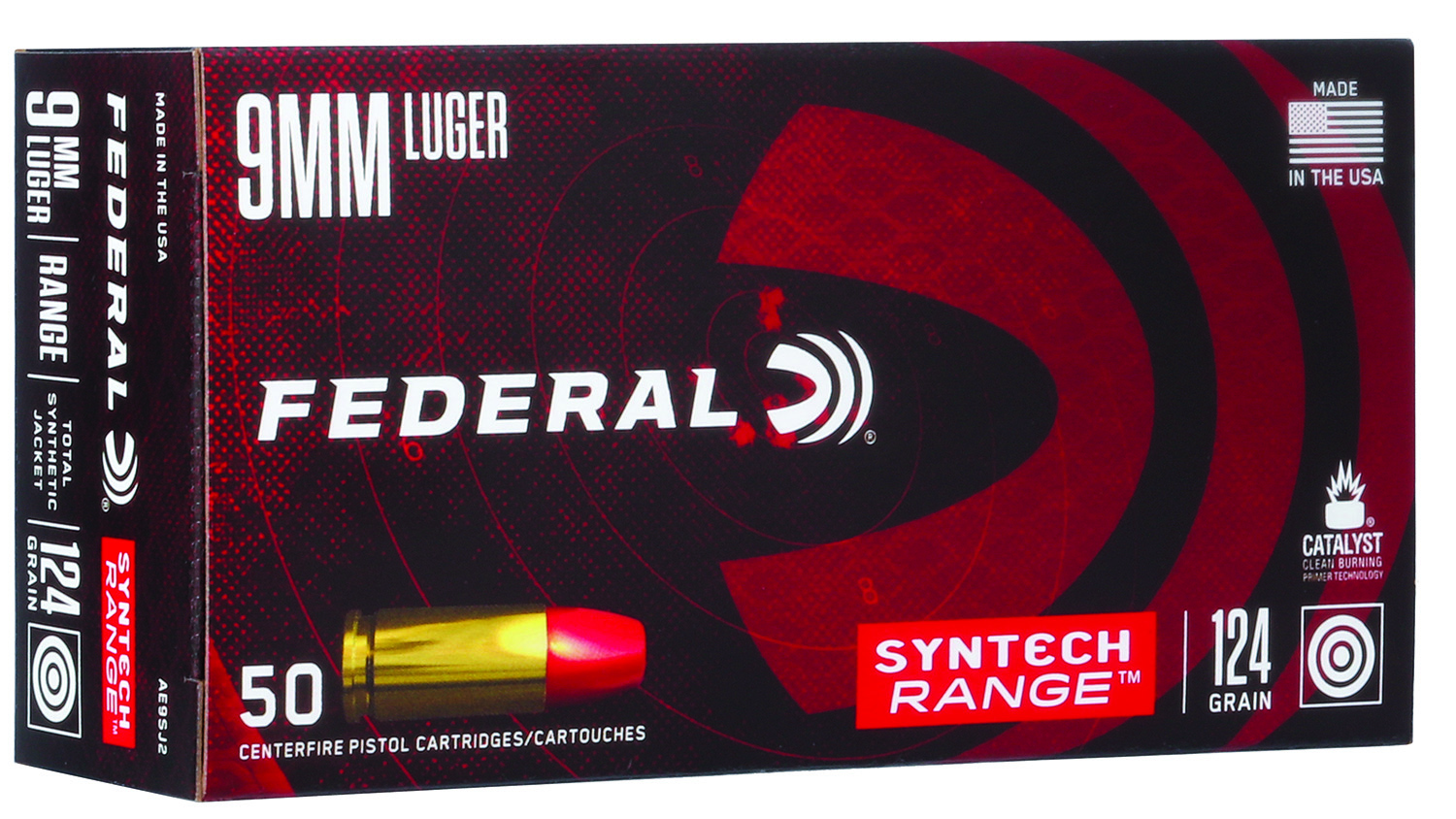 Federal AE9SJ2 American Eagle Syntech Range  9mm Luger 124 gr 1050 fps Total Syntech Jacket Round Nose (TSR) 50 Bx/10 Cs