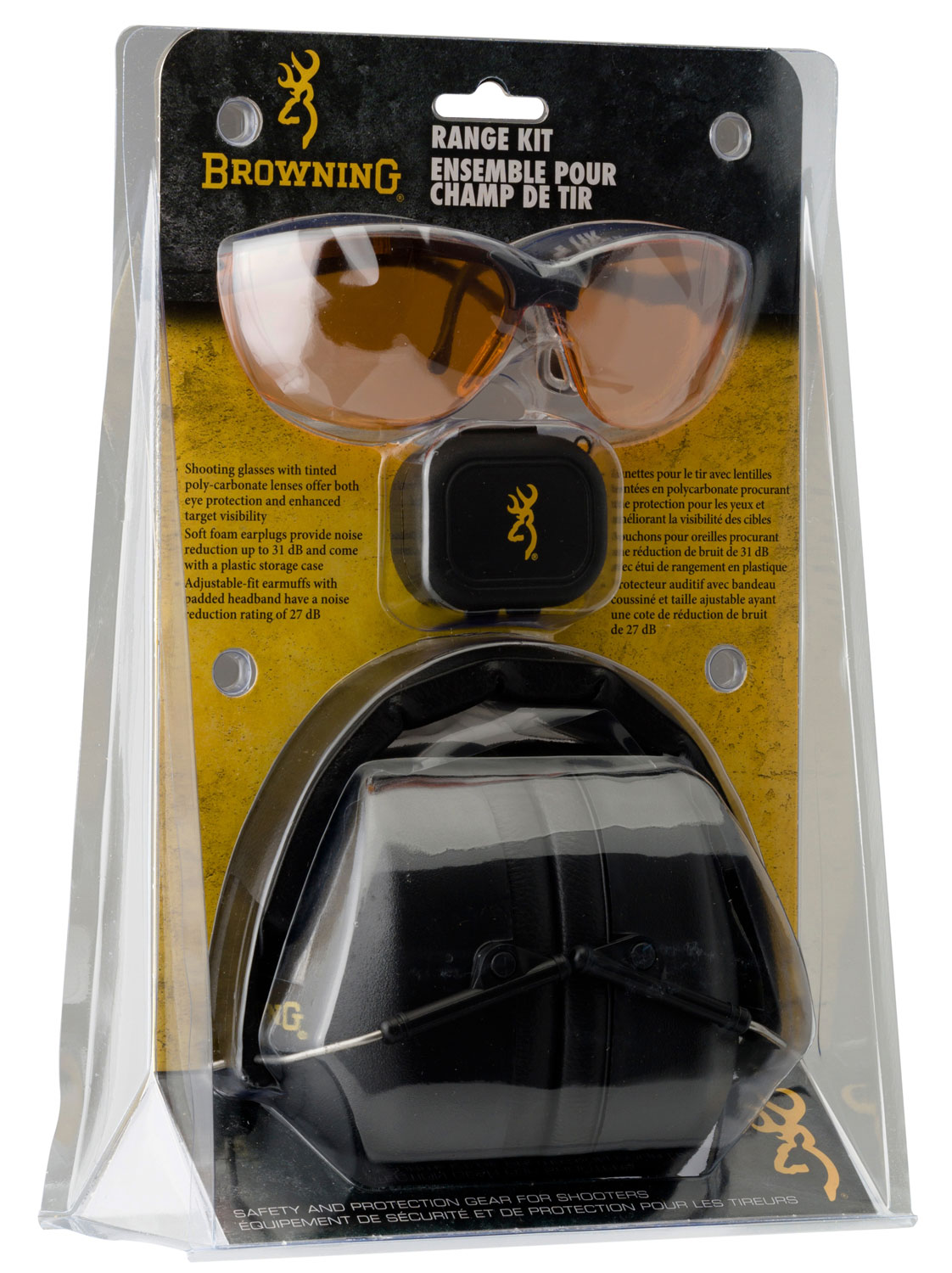 Browning 126368 Range Kit  27 dB Over the Head Black Ear Cups with Black Headband & Buckmark Logo Muffs, Orange Lens with Black Frame Glasses & 36 dB Orange Foam Ear Plugs
