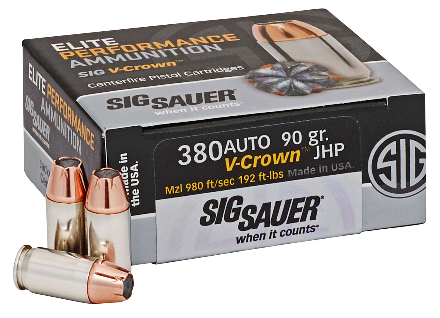 Sig Sauer E380A150 Elite Defense  380 ACP 90 gr 980 fps V-Crown Jacketed Hollow Point (VJHP) 50 Bx/10 Cs