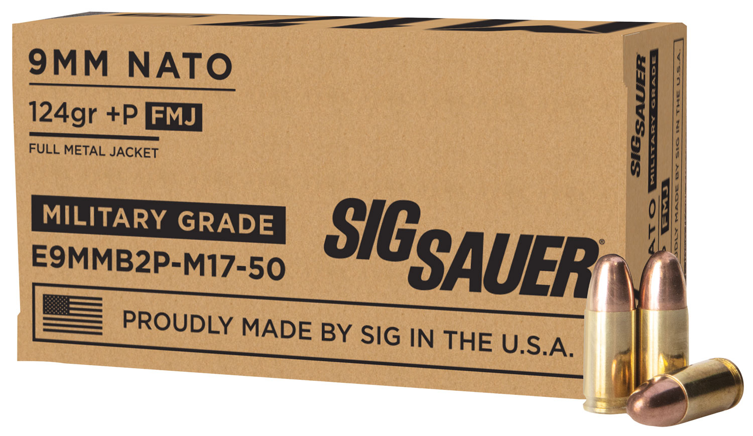 Sig Sauer E9MMB2PM1750 Military Grade  9mm NATO +P 124 gr Full Metal Jacket (FMJ) 50 Bx/ 20 Cs