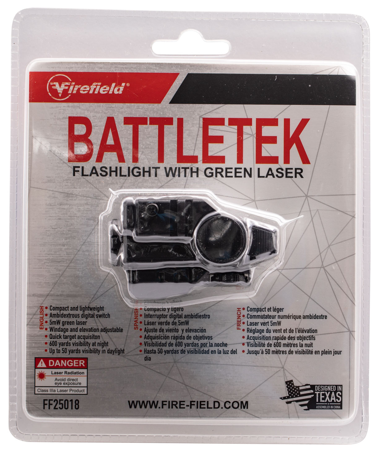 Firefield FF25018 BattleTek w/Laser 150 Lumens/5mW Output White LED Light Green Laser 50 yds Day/600 yds Night Beam Picatinny/Weaver Mount Matte Black Polymer