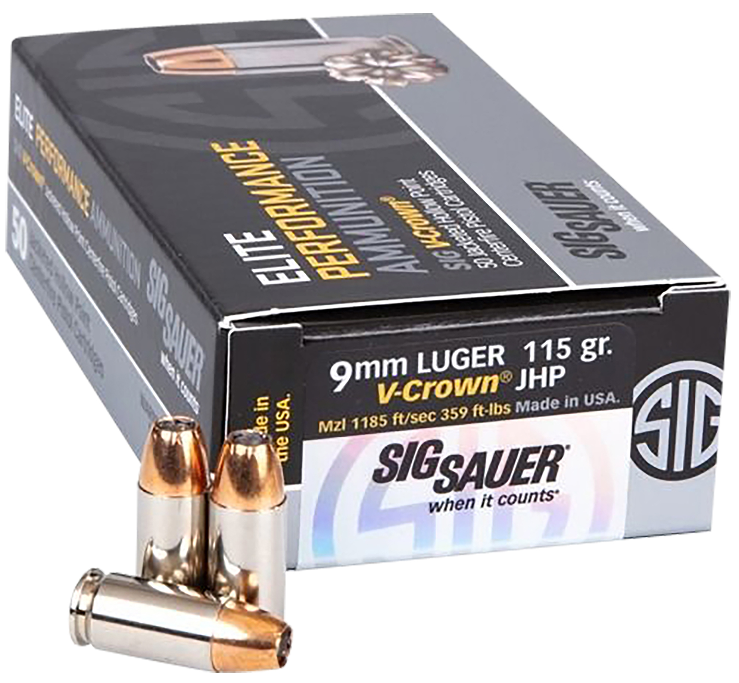 Sig Sauer E9MMA1COMP50 Match Elite Competition  9mm Luger 115 gr 1185 fps V-Crown Jacketed Hollow Point (VJHP) 50 Bx/10 Cs