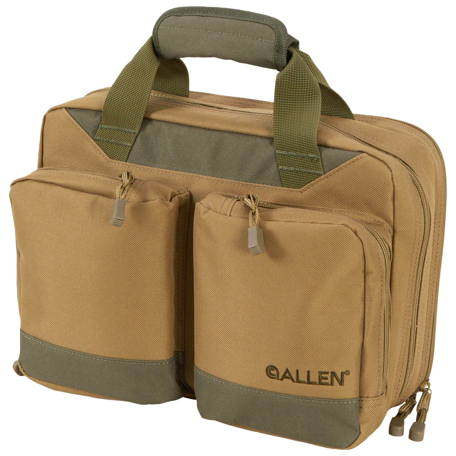 Allen 7603 Double Handgun Attache Case Tan w/Olive Accents, 2 Padded Sleeve Pockets, 8 Mag Sleeves, Pockets for Ammo & Accessories & Foldout Shooting Mat Holds up to 2 Handguns
