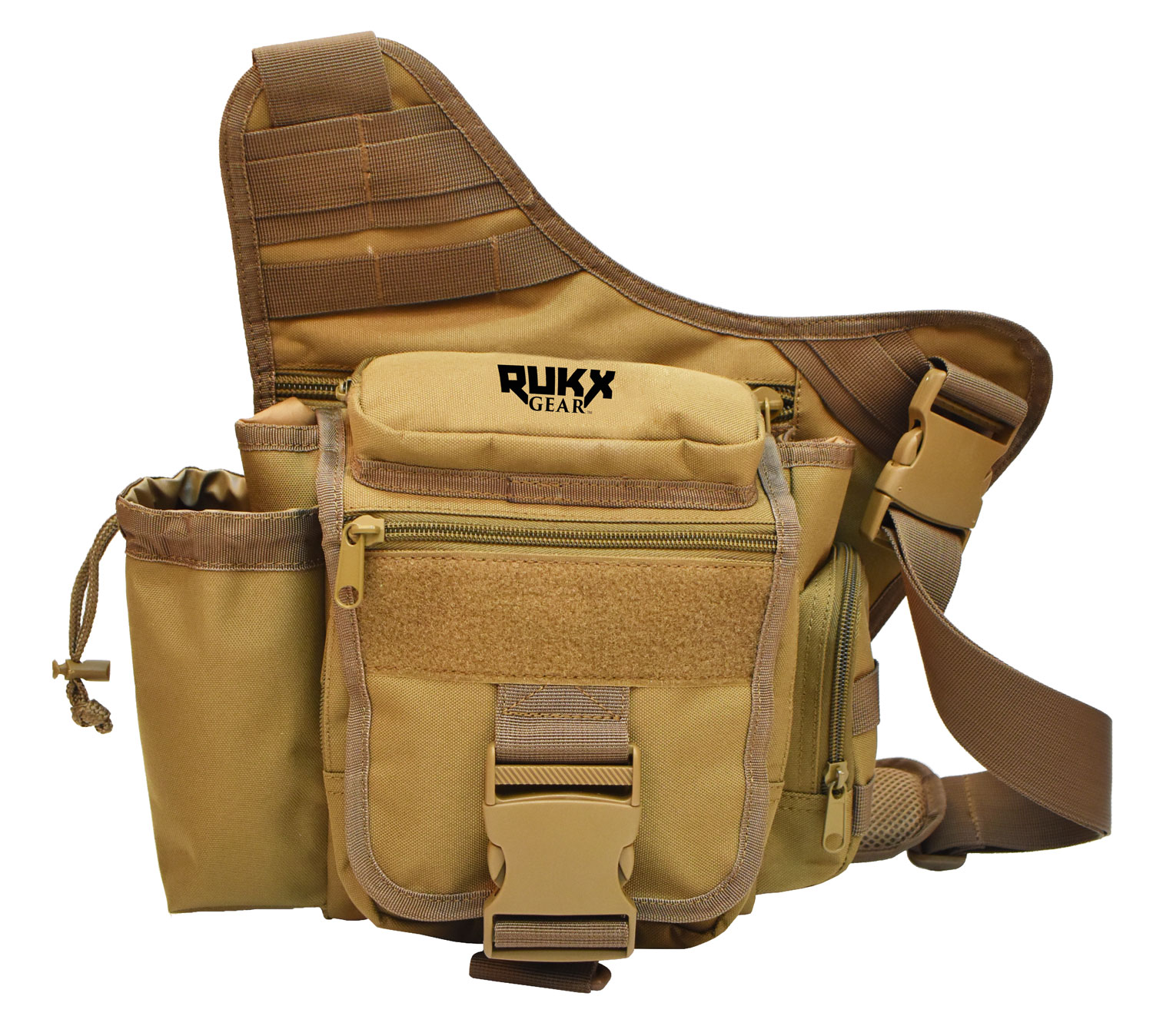Rukx Gear ATICTSBT Sling Bag  Water Resistant Tan 600D Polyester with Single Strap, Adjustable Water Bottle Holder & Padded Compartments 11.50