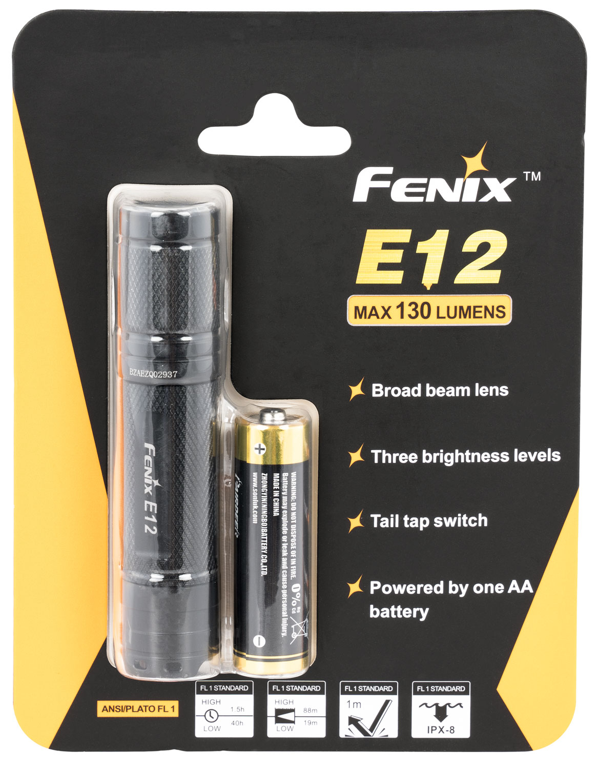 Fenix FXE12 E 12 Black Hardcoat Anodized Aluminum White 8-130 Lumens Cree LED 289 ft Range
