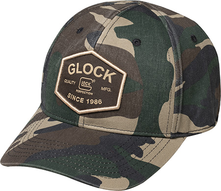 Glock AP95880 Quadcam  Camo Snapback Hat, Lightly Distressed Woodland Camo, Woven Glock Patch