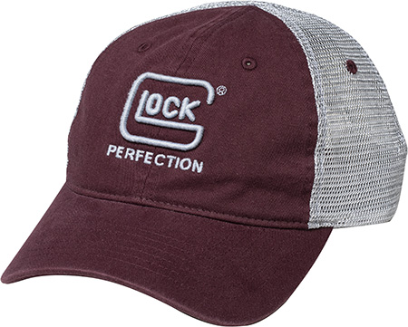 Glock AP95881 Relaxed  Maroon Mesh Hat, Distressed Denim-Like Fabric Front w/Mesh Back, Unstructured Fit w/Snapback, Embroidered Glock Log