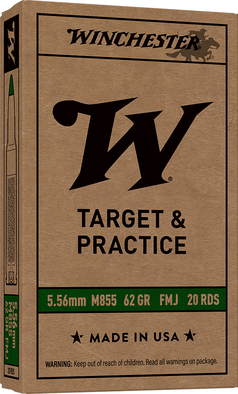Winchester Ammo WM855K USA M855 Green Tip 5.56x45mm NATO 62 gr 3060 fps Full Metal Jacket (FMJ) 20 Bx/50 Cs