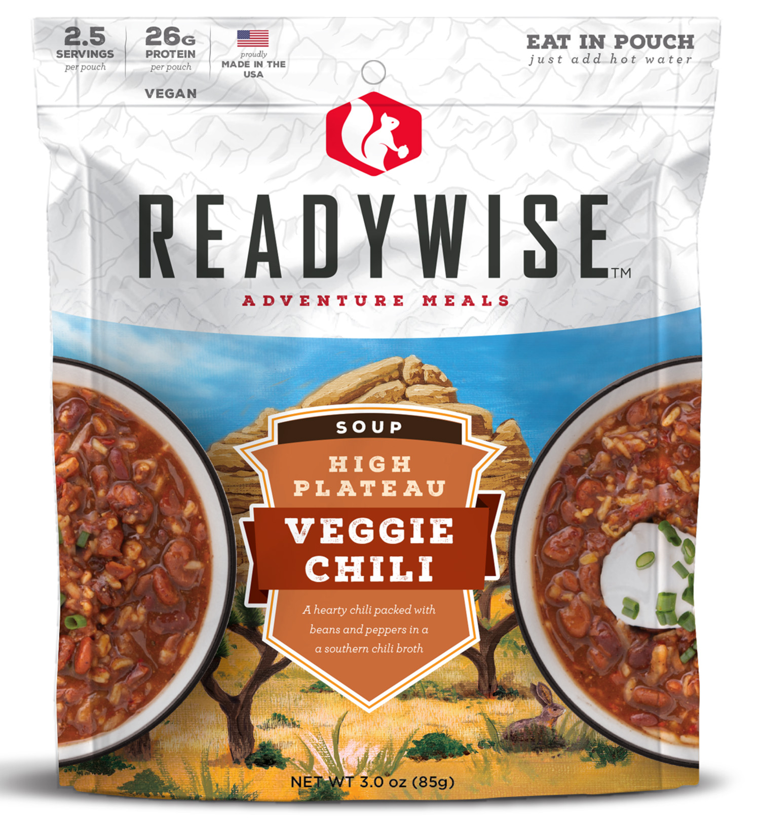 ReadyWise RW05011 Outdoor Food Kit High Plateau Veggie Chili Soup 2.5 Servings In A Resealable Pouch, 6 Per Case