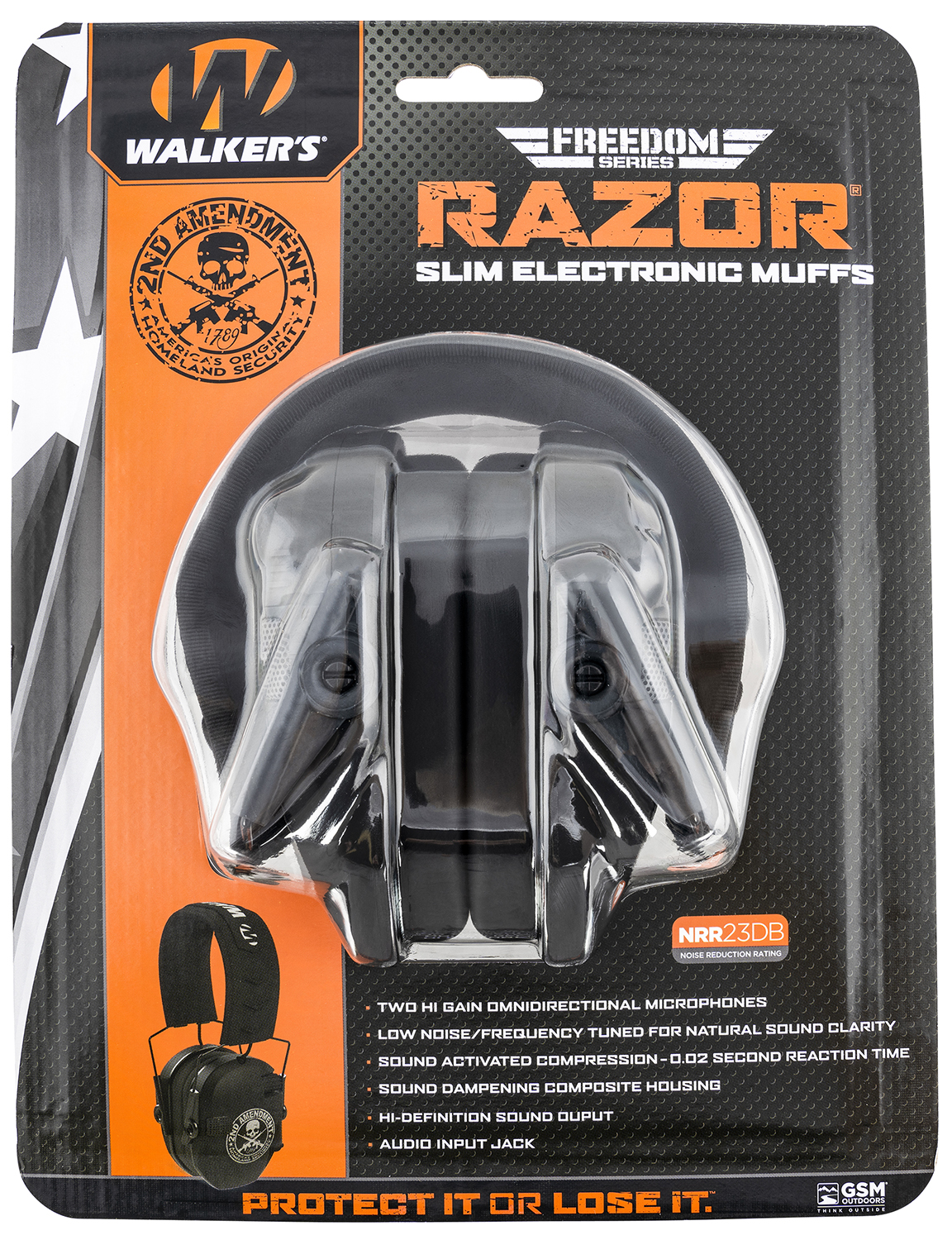 Walkers GWP-RSEMFS-2A Razor Freedom Muff 23 dB Over the Head Polymer Black Ear Cups with Distressed 2nd Amendment, Black Headband & White Logo