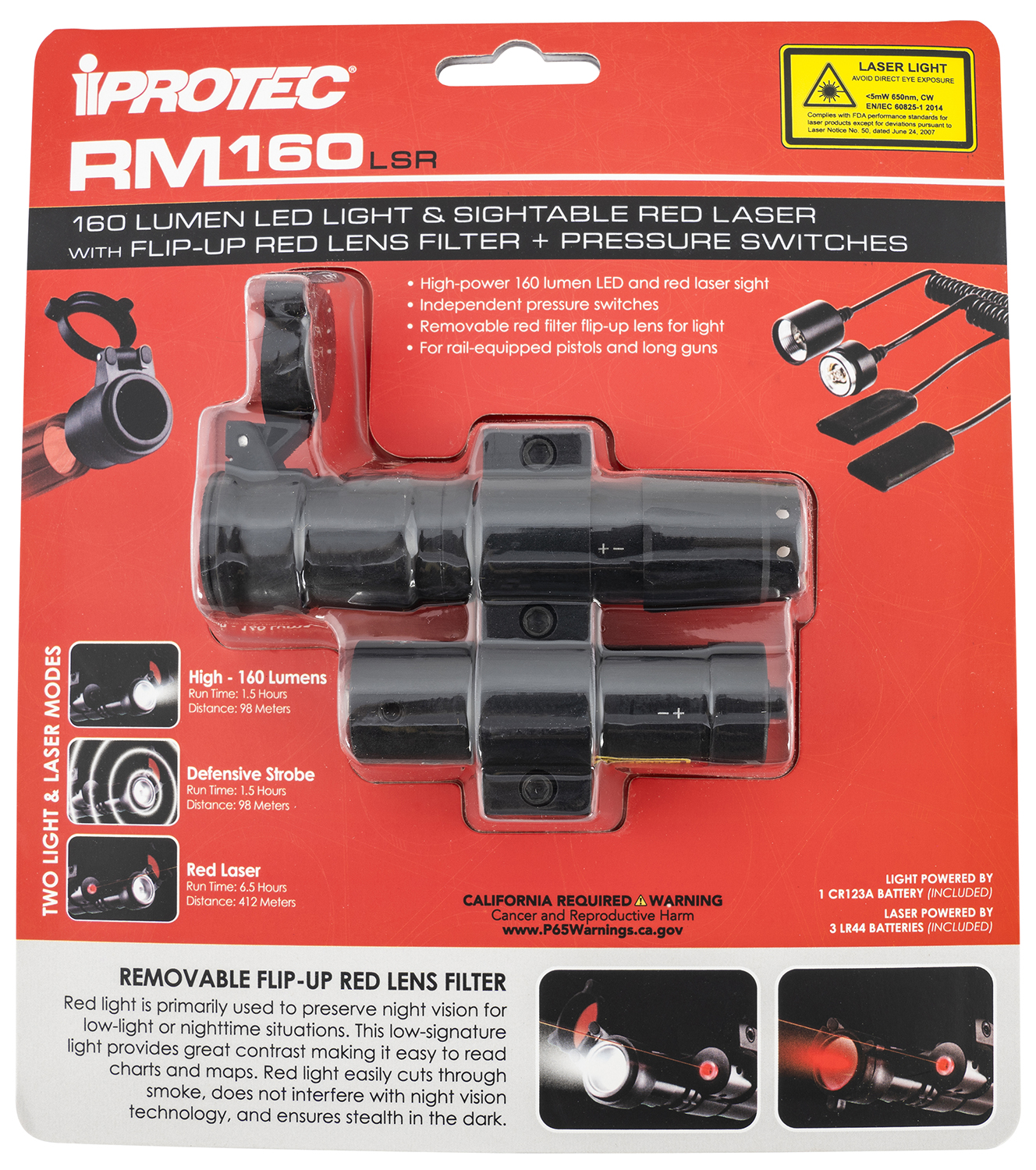 iProtec 6094 RM160LSR  5mW Red Laer with 650 nm Wavelength, 160 Lumens LED Light Black Finish for Rail-Equipped Long Guns, Pistols (Except Subcompacts) Includes 2 Switches