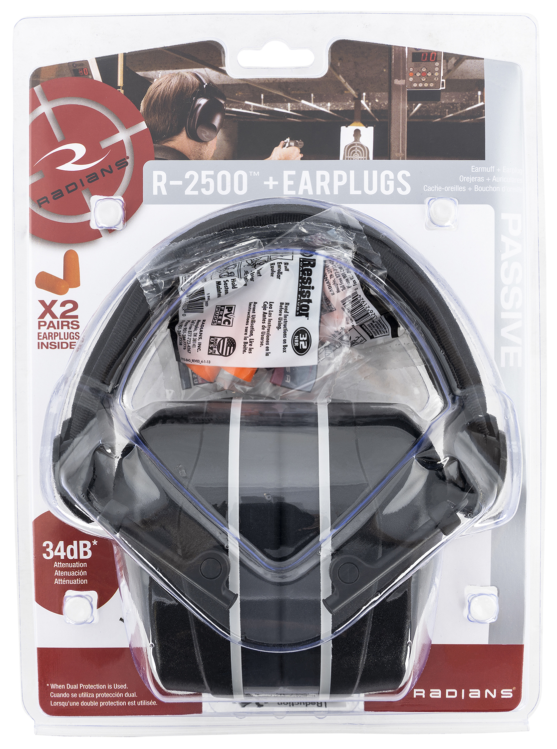Radians R2500CS R2500 Muff 25 dB Over the Head Black Ear Cups with Padded Black Headband for Adult 1 Pair Includes 32 dB Orange Foam Earplugs (37 dB Total NRR)