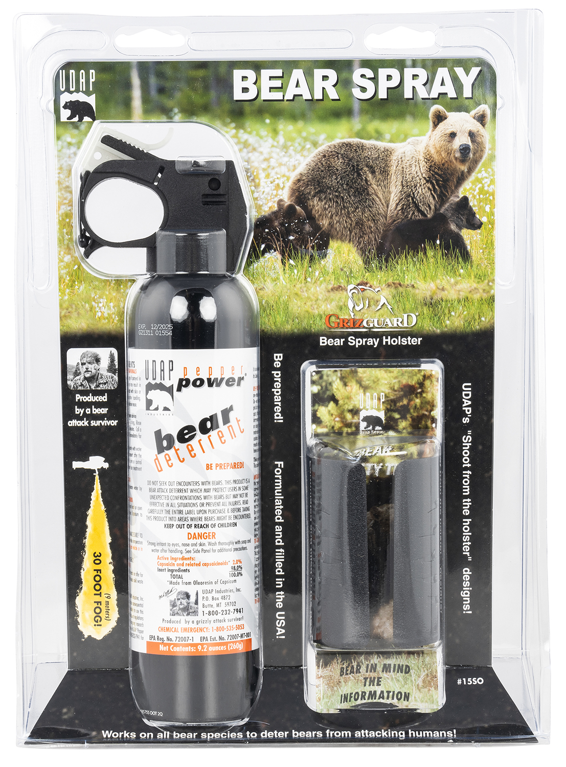 UDAP 15SO Magnum Bear Spray w/ Plastic GrizGuard Holster (fog)
