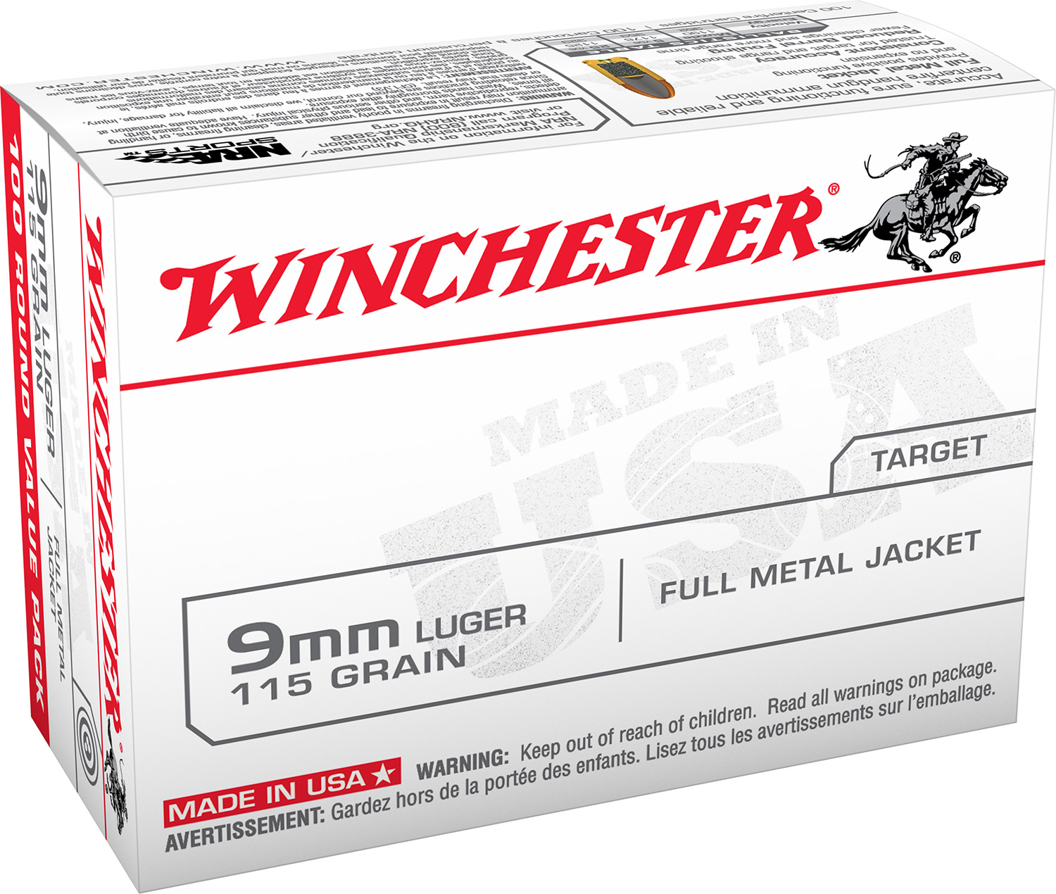 Winchester Ammo USA9MMVP USA  9mm Luger 115 gr Full Metal Jacket (FMJ) 100 Bx/10 Cs