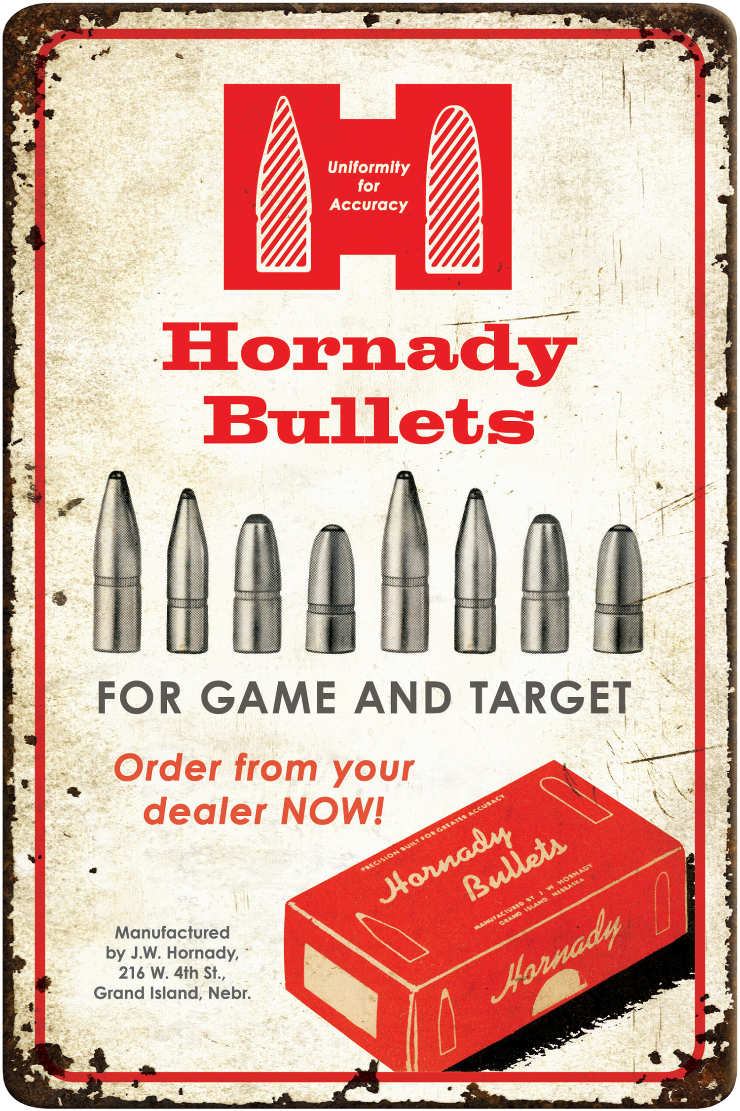 Hornady 99145 Bullets Tin Sign Rustic Red White Aluminum 12