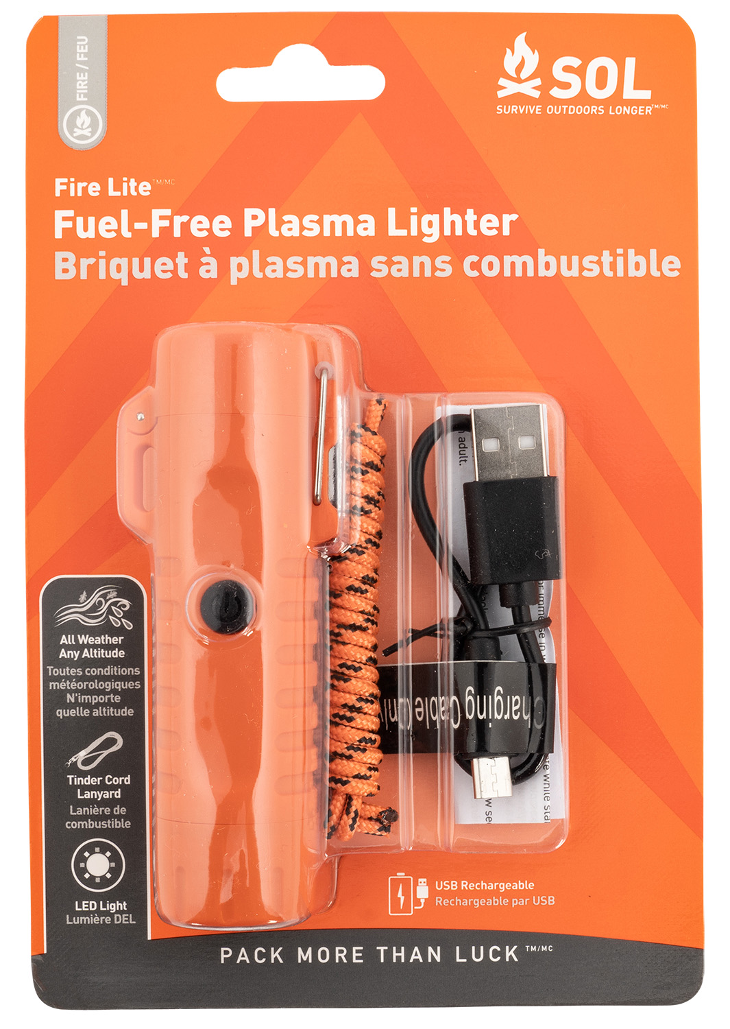 Survive Outdoors Longer  Fire Lite Fuel Free Lighter Orange Includes USB Cable / Lanyard