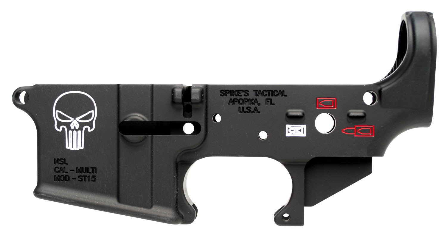 Spikes STLS015CFA Punisher Stripped Lower Receiver Multi-Caliber 7075-T6 Aluminum Black Anodized with Color Fill for AR-15