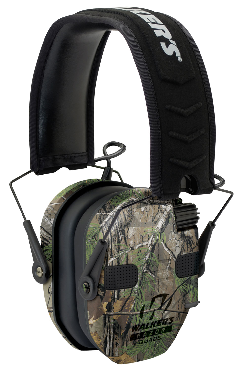 Walkers GWPRSEQMCMO Razor Slim Electronic Muff with Quad Microphones Polymer 23 dB Over the Head Realtree Xtra Ear Cups with Black Headband & White Logo Adult