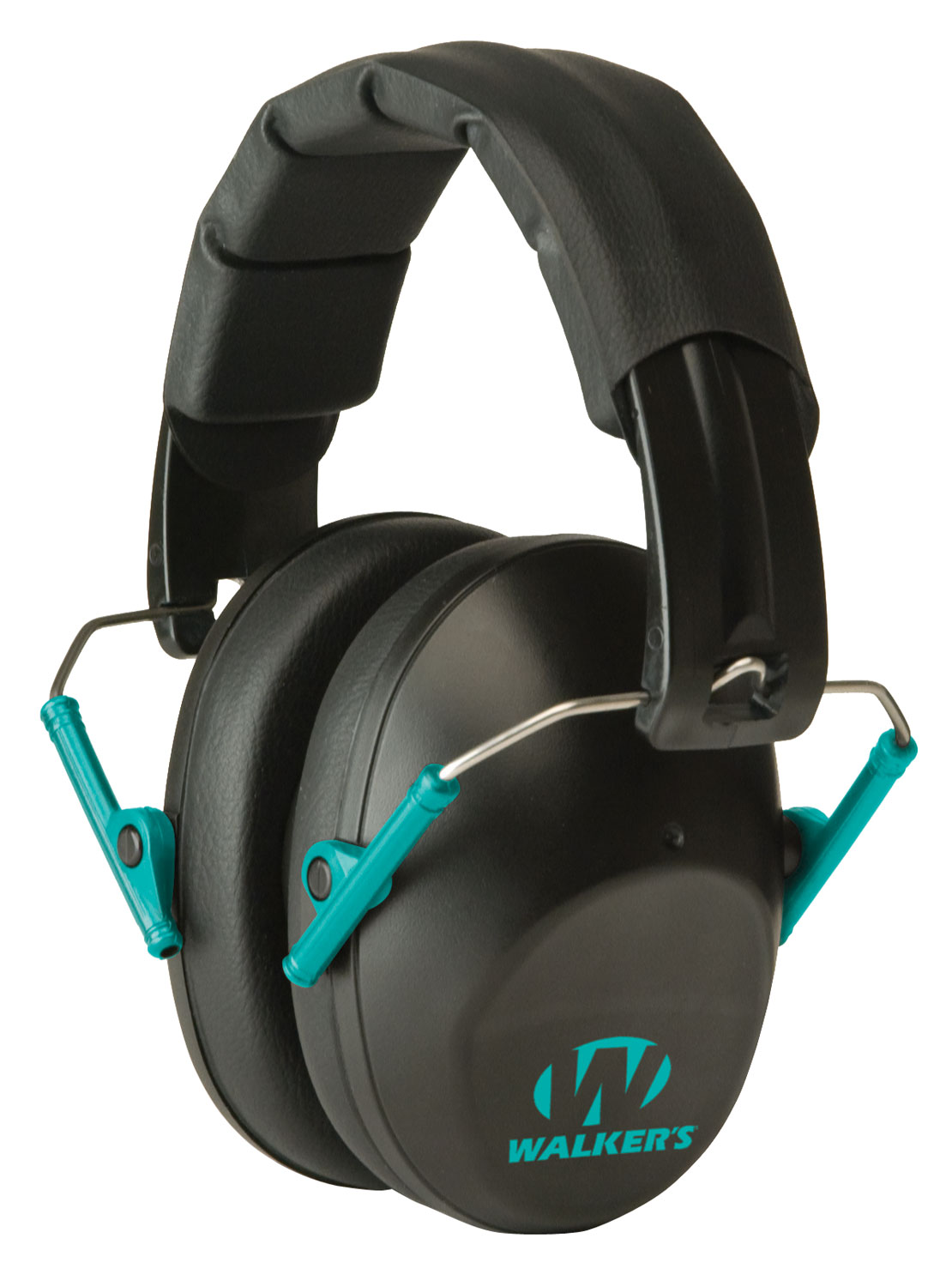 Walkers GWPFPM1BKTL Pro Low Profile Muff Polymer 22 dB Folding Over the Head Black Ear Cups with Black Headband & Teal Accents Adult