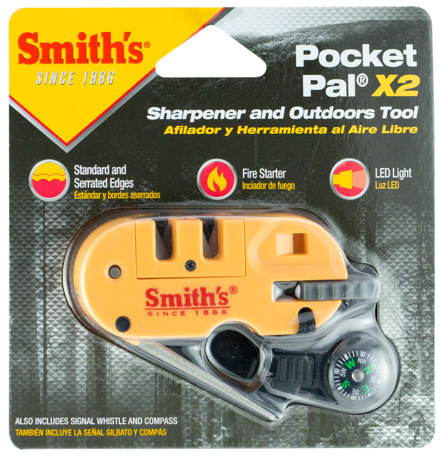 Smiths Products 50364 Pocket Pal X2 Sharpener and Outdoor Tool Hand Held Fine/Medium/Coarse Carbide, Ceramic, Diamond Sharpener Plastic Handle Yellow