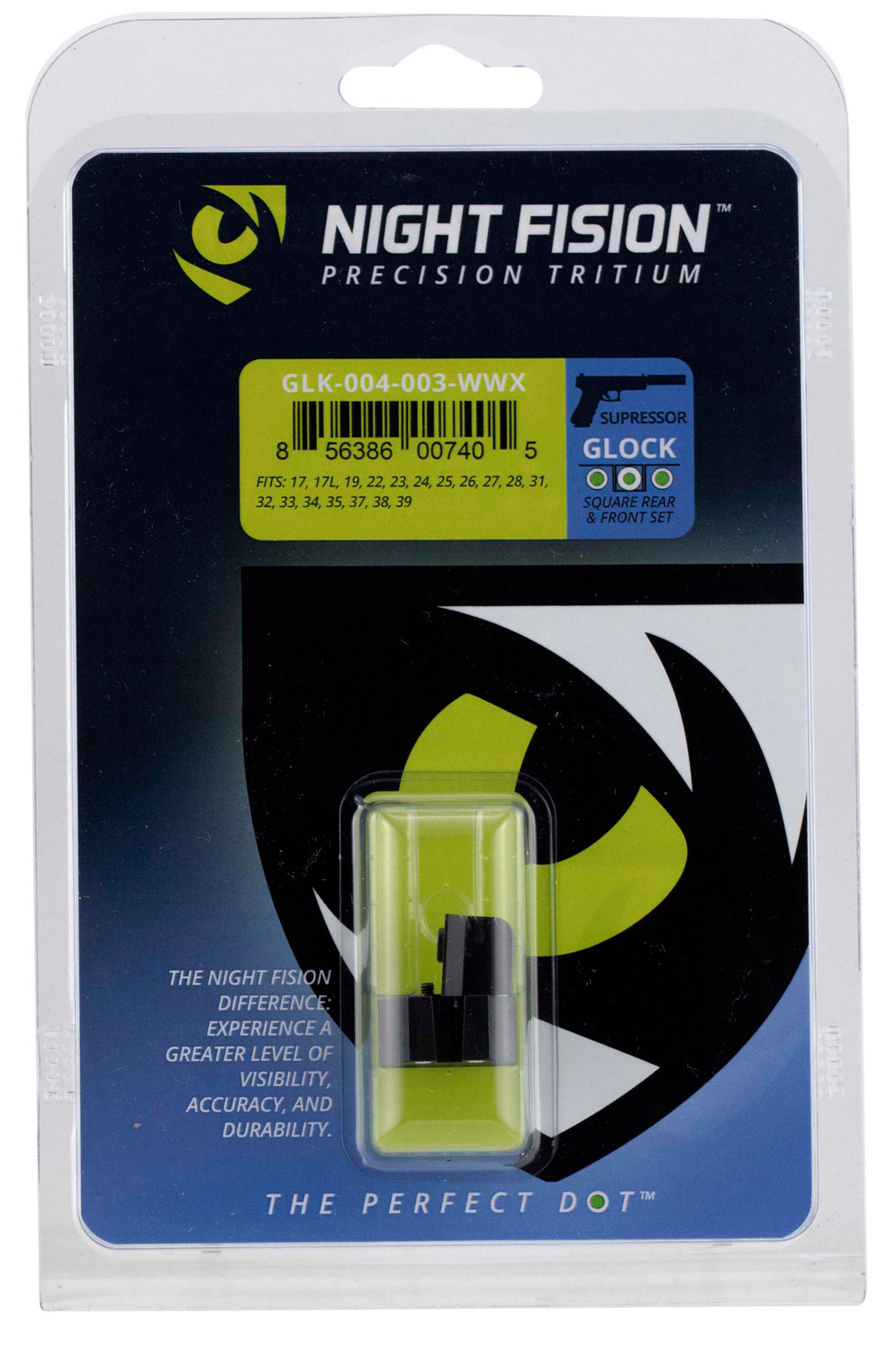Night Fision Glock Suppressor Height Tritium Night Sight Set - White Front | White Square Notch Rear | Fits Glock 17, 17L, 19, 22, 23, 24, 25, 26, 27, 28, 31, 32, 33, 34, 35, 37, 38, 39, 20, 21, 29, 30, 36, 40, 41