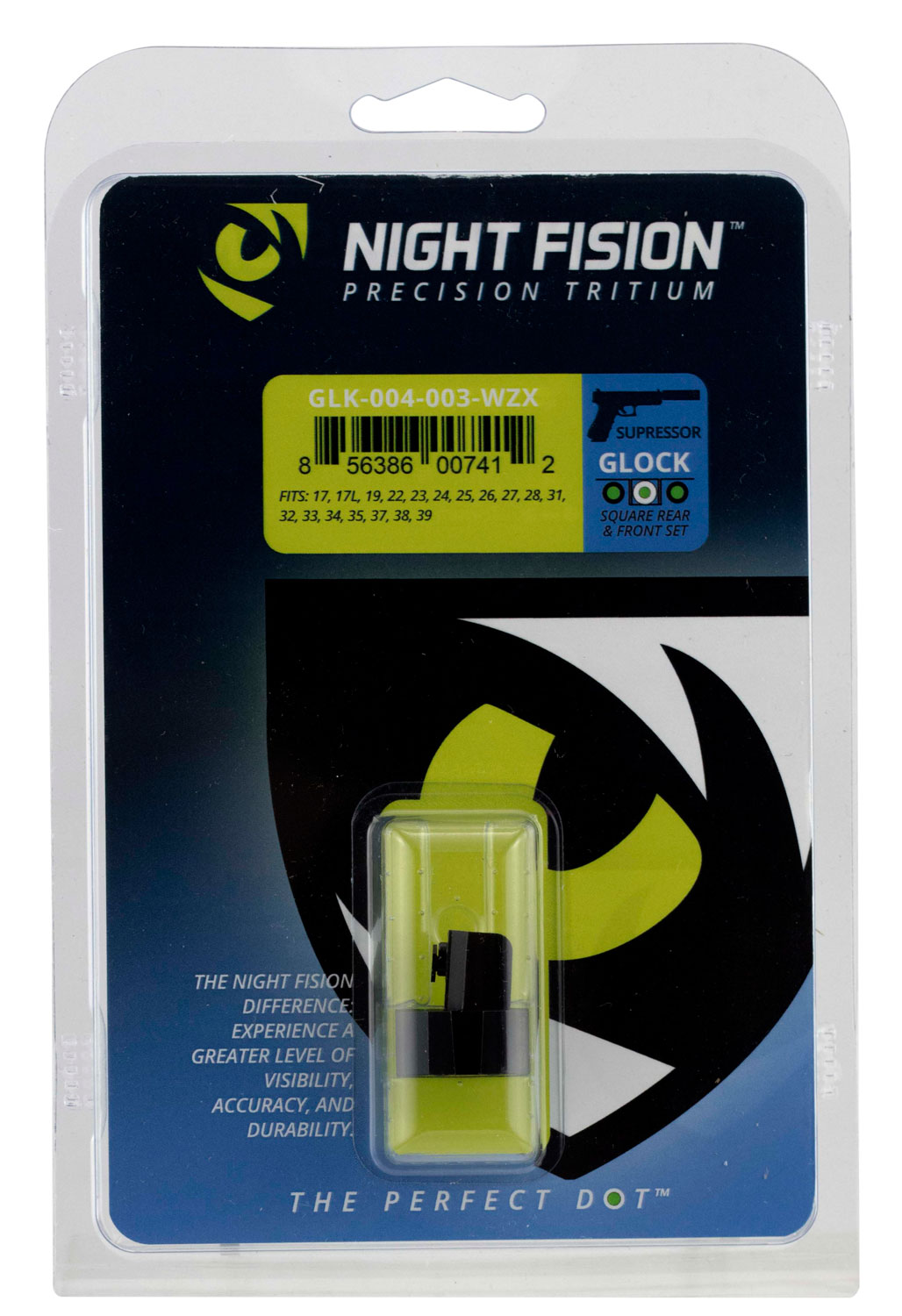 Night Fision Glock Suppressor Height Tritium Night Sight Set - White Front | Black Square Notch Rear | Fits Glock 17, 17L, 19, 22, 23, 24, 25, 26, 27, 28, 31, 32, 33, 34, 35, 37, 38, 39, 20, 21, 29, 30, 36, 40, 41