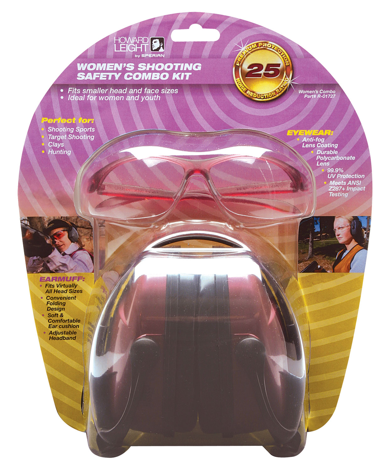 Howard Leight R01727 Womans Shooting Safety Combo 25 dB Over the Head Dusty Rose Ear Cups with Black Headband Muffs &  99.9% UV Rated Clear Lens with Pink Frame Glasses for Women