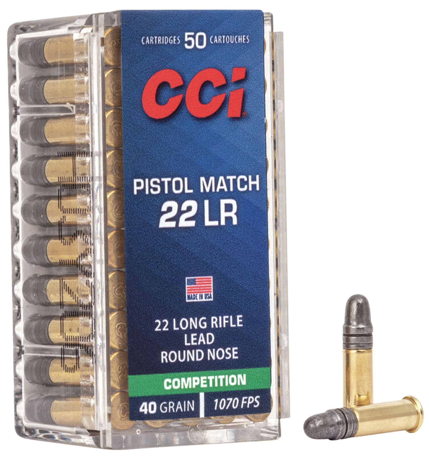 CCI 0051 Pistol Match Competition 22 LR 40 gr 1070 fps Lead Round Nose (LRN) 50 Bx/100 Cs