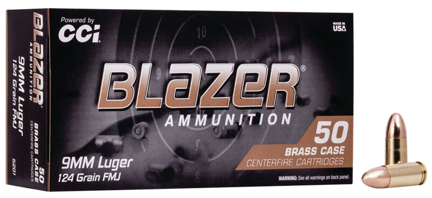 CCI 5201 Blazer Brass Handgun 9mm Luger 124 gr Full Metal Jacket (FMJ) 50 Per Box/ 20 Cs