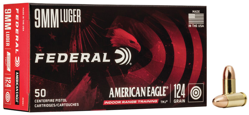 Federal AE9N1 American Eagle Indoor Range Training (IRT) 9mm Luger 124 gr Total  Metal Jacket (TMJ) 50 Bx/ 20 Cs