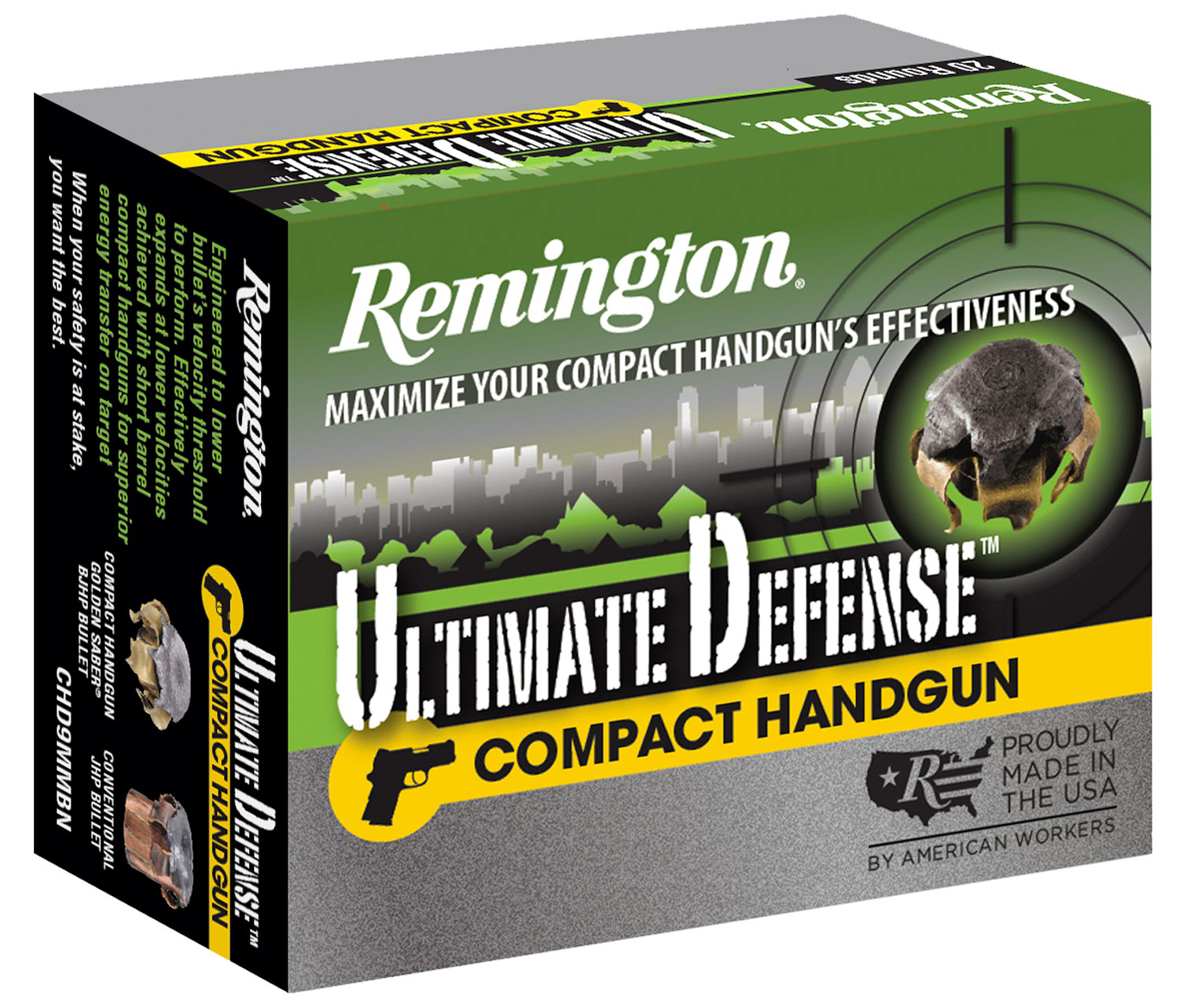 Remington Ammunition 28963 Ultimate Defense  9mm Luger 124 gr Brass Jacket Hollow Point (BJHP) 20 Bx/ 25 Cs for Compact Handguns
