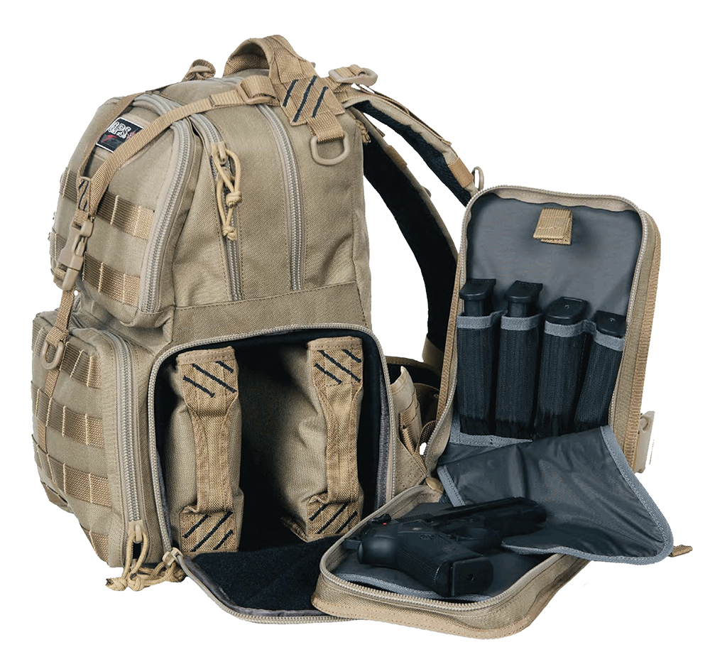 G*Outdoors T1612BPT Tactical Range Backpack Tan 1000D Nylon Teflon Coating with 3 Pistol Storage Cases, Visual ID Storage System, Pull-Out Rain Cover & Chest Strap