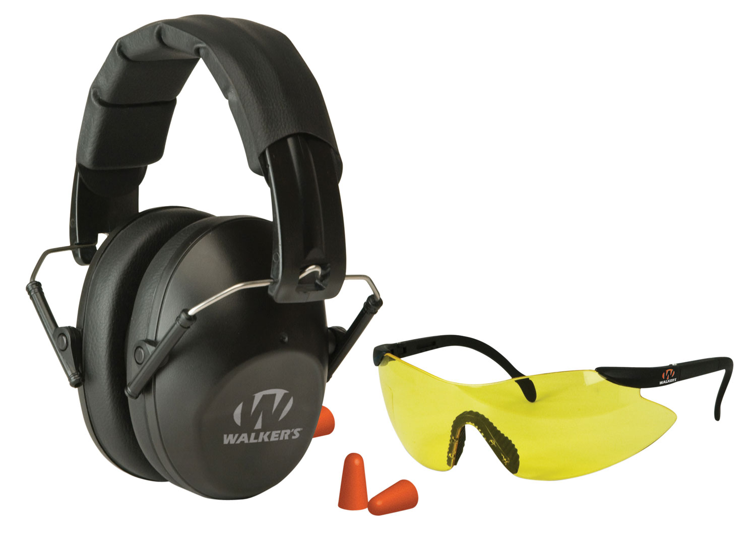 Walkers GWPFPM1GFP Pro Low Profile Muff Combo Kit 31 db Over the Head Black Ear Cups with Black Headband Muffs, Orange 31 dB Foam Earplugs, Yellow Lens with Black Frame Glasses